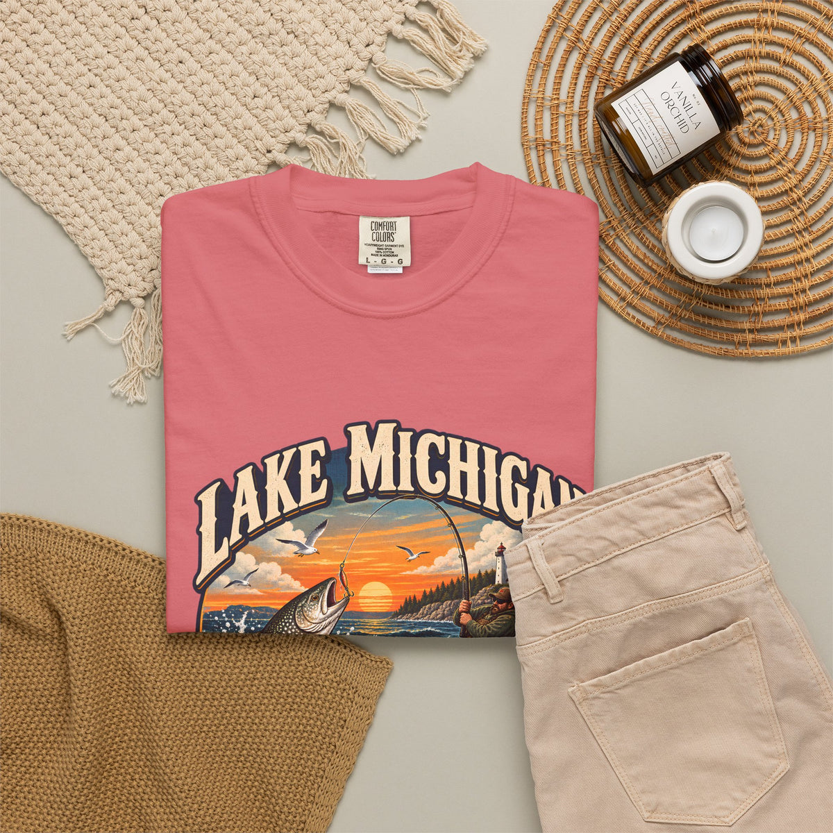 Comfort Colors® Lake Michigan Fishing T-Shirt, Great Lakes Angler Gift, Trout Fisherman Sunset Graphic Tee, Michigan Fishing Lover Shirt
