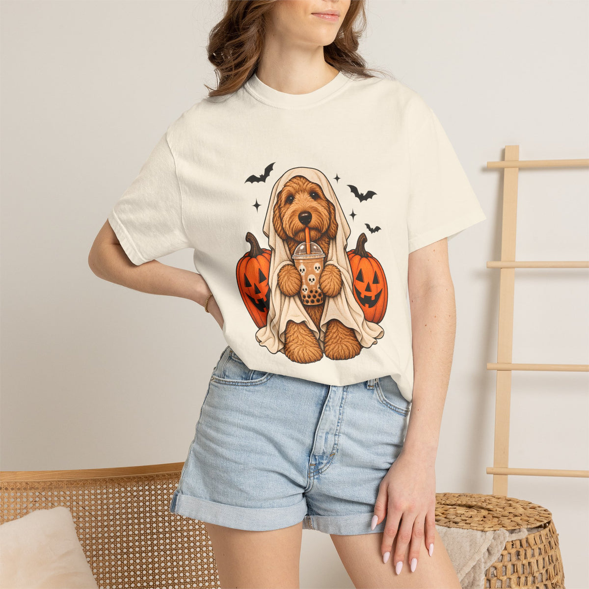 Comfort Colors® Halloween Ghost Dog Boba T-Shirt, Cute Doodle Dog Lover Gift, Spooky Pumpkin Bubble Tea Gift, Fall Pet Graphic Tee