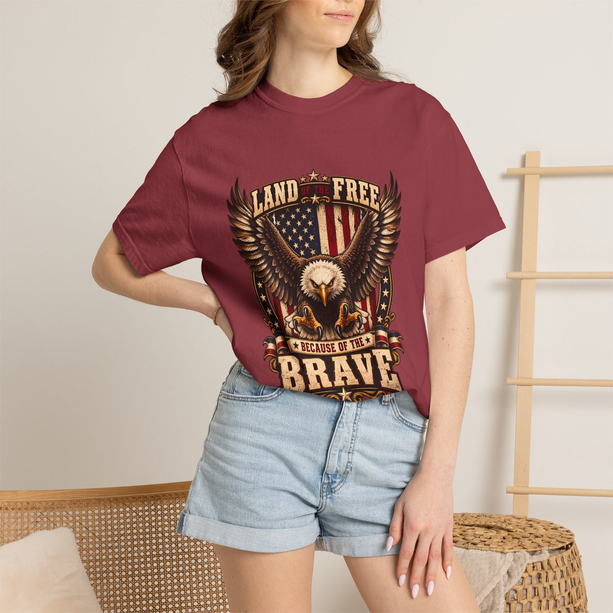 Comfort Colors® Land of the Free Because of the Brave T-Shirt, Patriotic Bald Eagle Gift, American Flag Veteran, Military Support Shirt