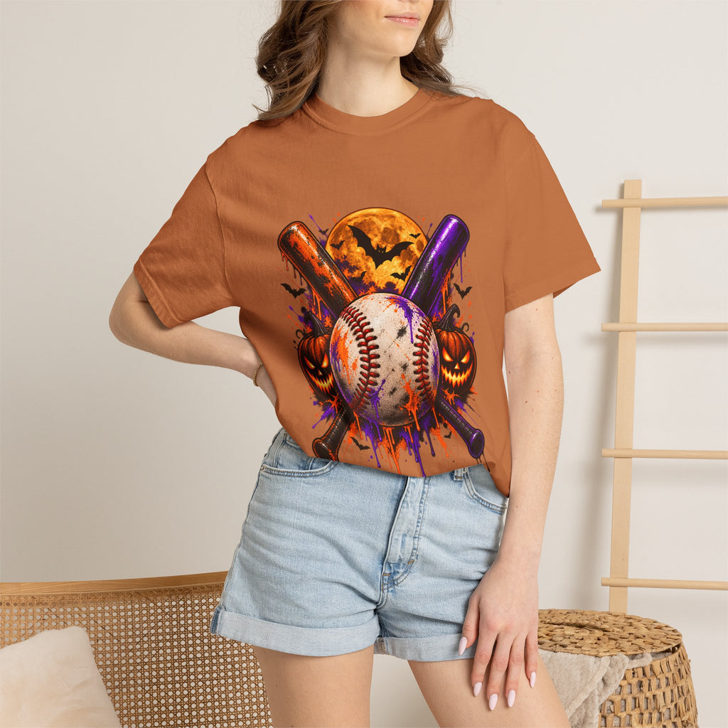 T-shirt de baseball Halloween Comfort Colors®, cadeau de joueur de baseball effrayant, t-shirt graphique pour amateur de baseball citrouille, t-shirt de fan de sport pour Halloween