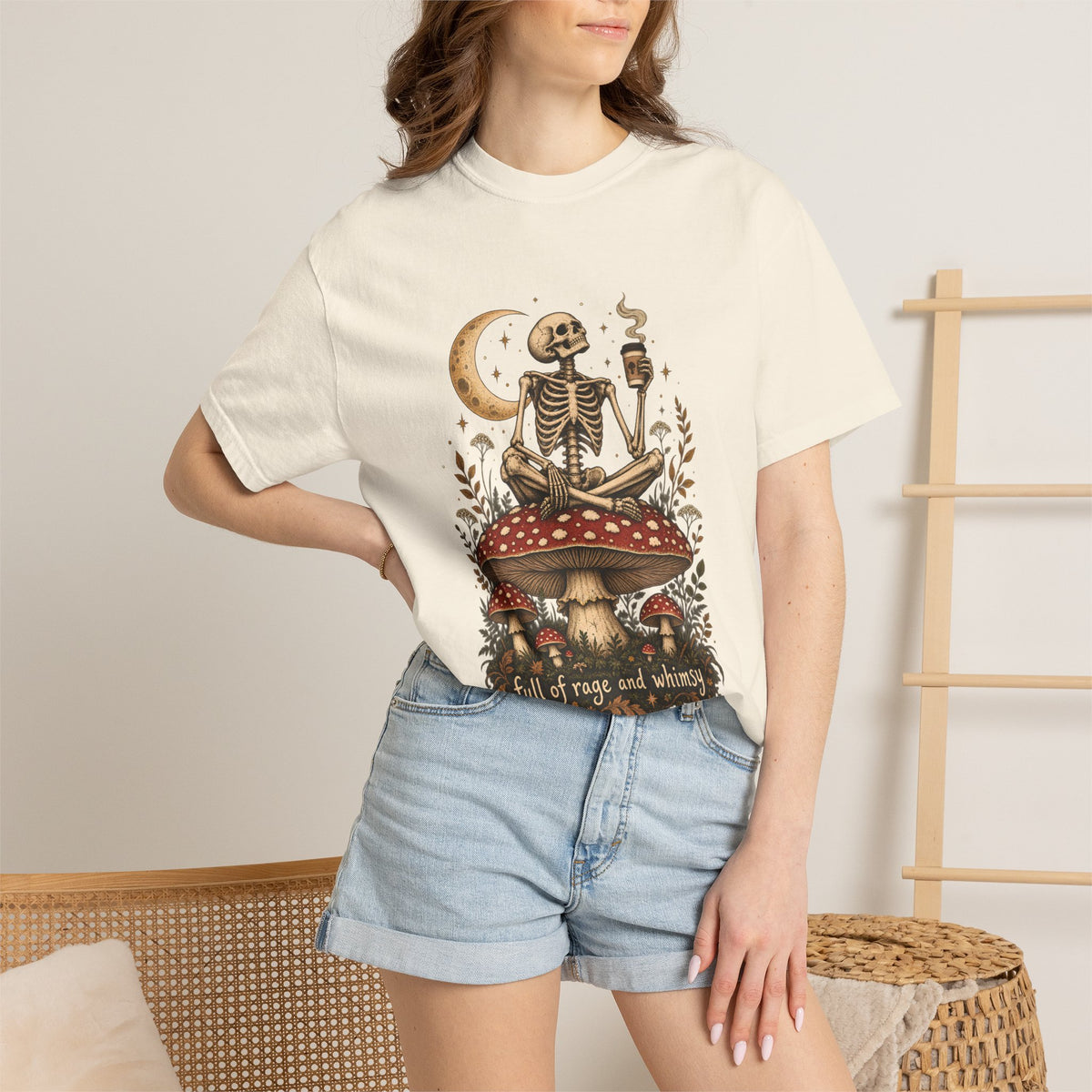 Comfort Colors® Full of Rage and Whimsy T-Shirt, Funny Skeleton Coffee Lover Gift, Cottagecore Mushroom Gothic Shirt, Dark Academia Shirt
