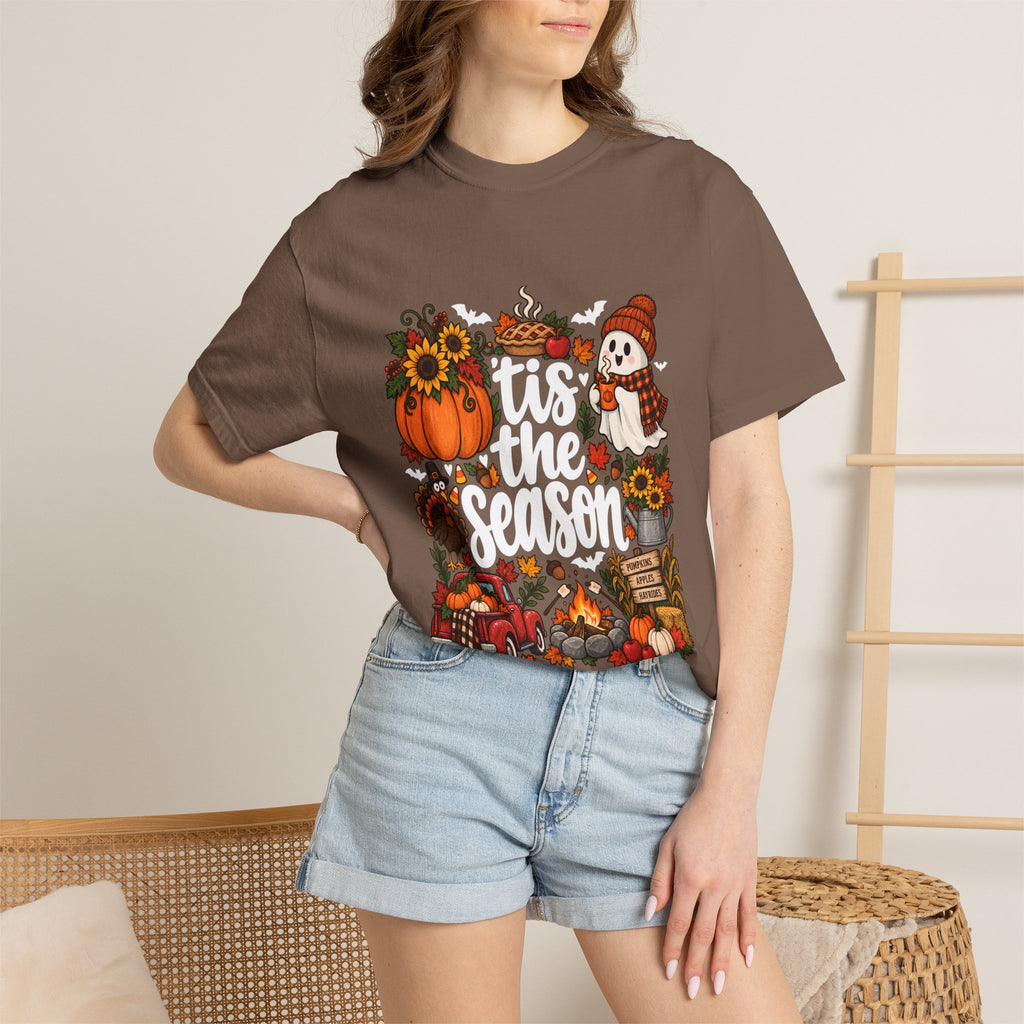 T-shirt Comfort Colors® « Tis the Season », cadeau pour amateur de citrouilles, t-shirt pour l'automne, Thanksgiving et Halloween, t-shirt douillet pour la saison des récoltes pour femmes