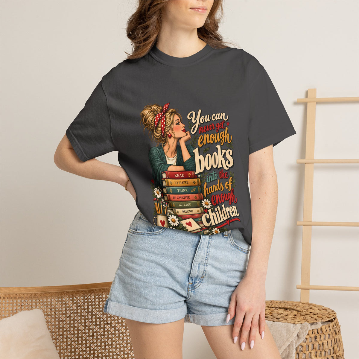 Comfort Colors® You Can Never Get Enough Books Into the Hands of Enough Children Shirt, Teacher Reading Gift, Book Lover Teacher Graphic Tee