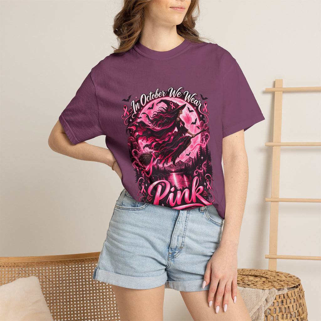 Comfort Colors® In October We Wear Pink T-Shirt, Breast Cancer Awareness Witch Gift, Pink Ribbon Halloween, Spooky Survivor Support Shirt