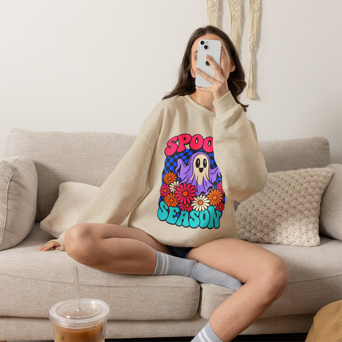 Spooky Season ghost floral Sweatshirt, Cute Ghost Halloween Gift, Colorful Floral Ghost Graphic Tee, Spooky Season Lover Gift