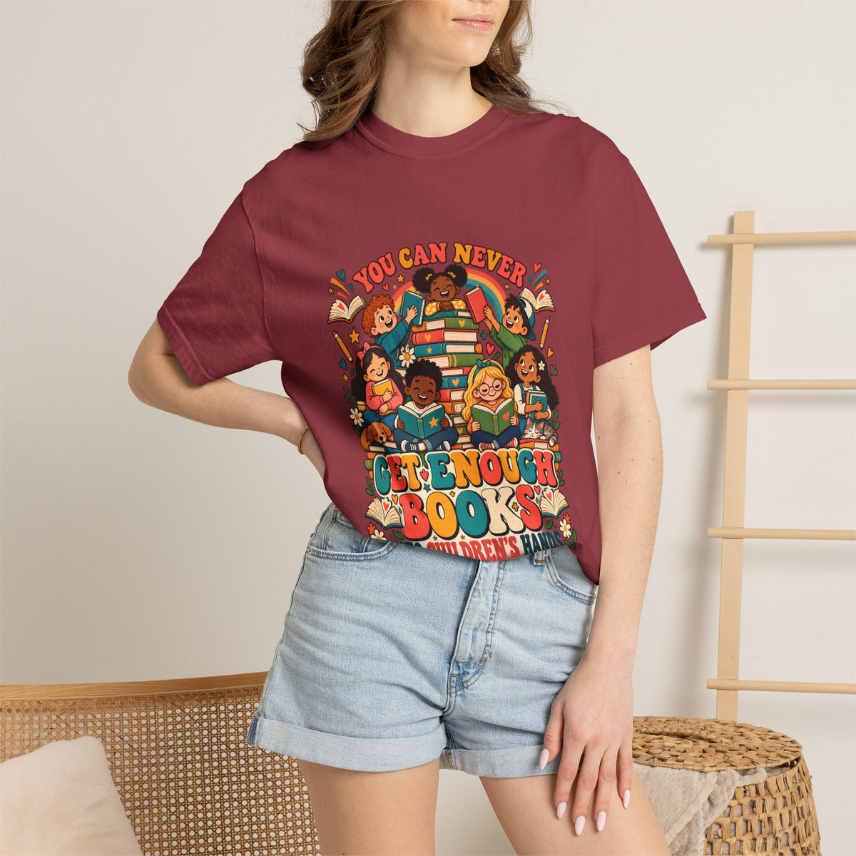Comfort Colors® You Can Never Get Enough Books Into Children's Hands T-Shirt, Reading Teacher Gift, Literacy Advocate Kids Books Graphic Tee