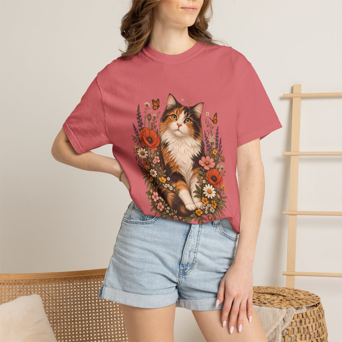 Comfort Colors® Calico Cat Wildflower T-Shirt, Floral Cat Lover Gift, Cottagecore Kitty Butterfly Graphic Tee, Vintage Garden Cat Mom Shirt