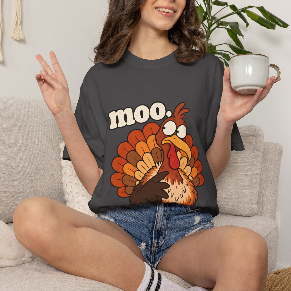 Comfort Colors® Moo Turkey T-Shirt, Funny Thanksgiving Turkey Gift, Cute Cartoon Turkey Lover Gift, Thanksgiving Dinner Graphic Tee