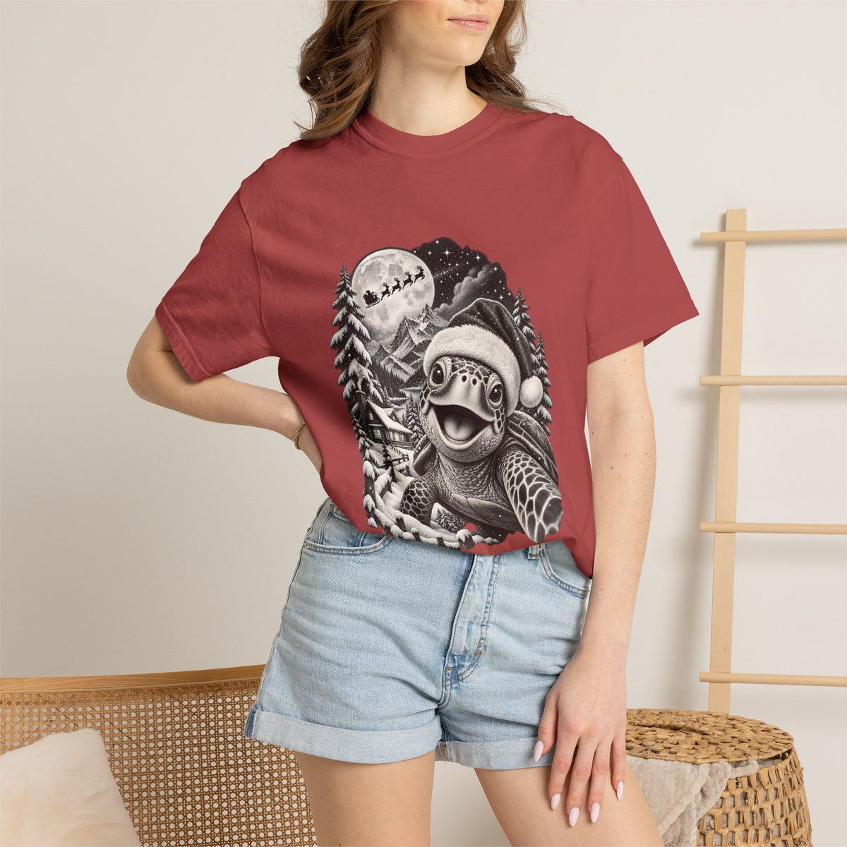 Comfort Colors® Christmas Turtle T-Shirt, Cute Sea Turtle Lover Gift, Funny Santa Hat Turtle Christmas Gift, Winter Ocean Animal Graphic Tee