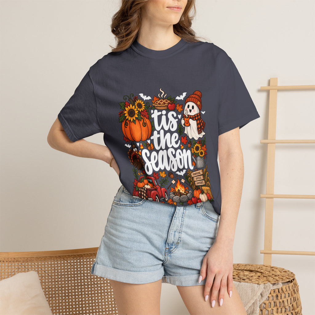 T-shirt Comfort Colors® « Tis the Season », cadeau pour amateur de citrouilles, t-shirt pour l'automne, Thanksgiving et Halloween, t-shirt douillet pour la saison des récoltes pour femmes