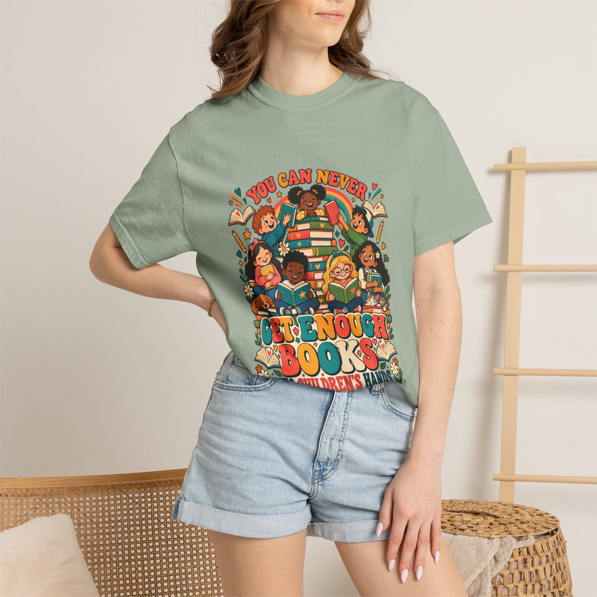 Comfort Colors® You Can Never Get Enough Books Into Children's Hands T-Shirt, Reading Teacher Gift, Literacy Advocate Kids Books Graphic Tee