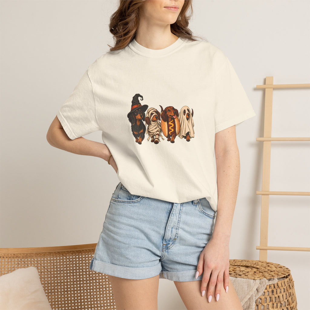 Comfort Colors® Halloween Dachshund T-Shirt, Spooky Wiener Dog Lover Gift, Cute Sausage Dog Costume Shirt, Doxie Halloween Pet Mom Shirt