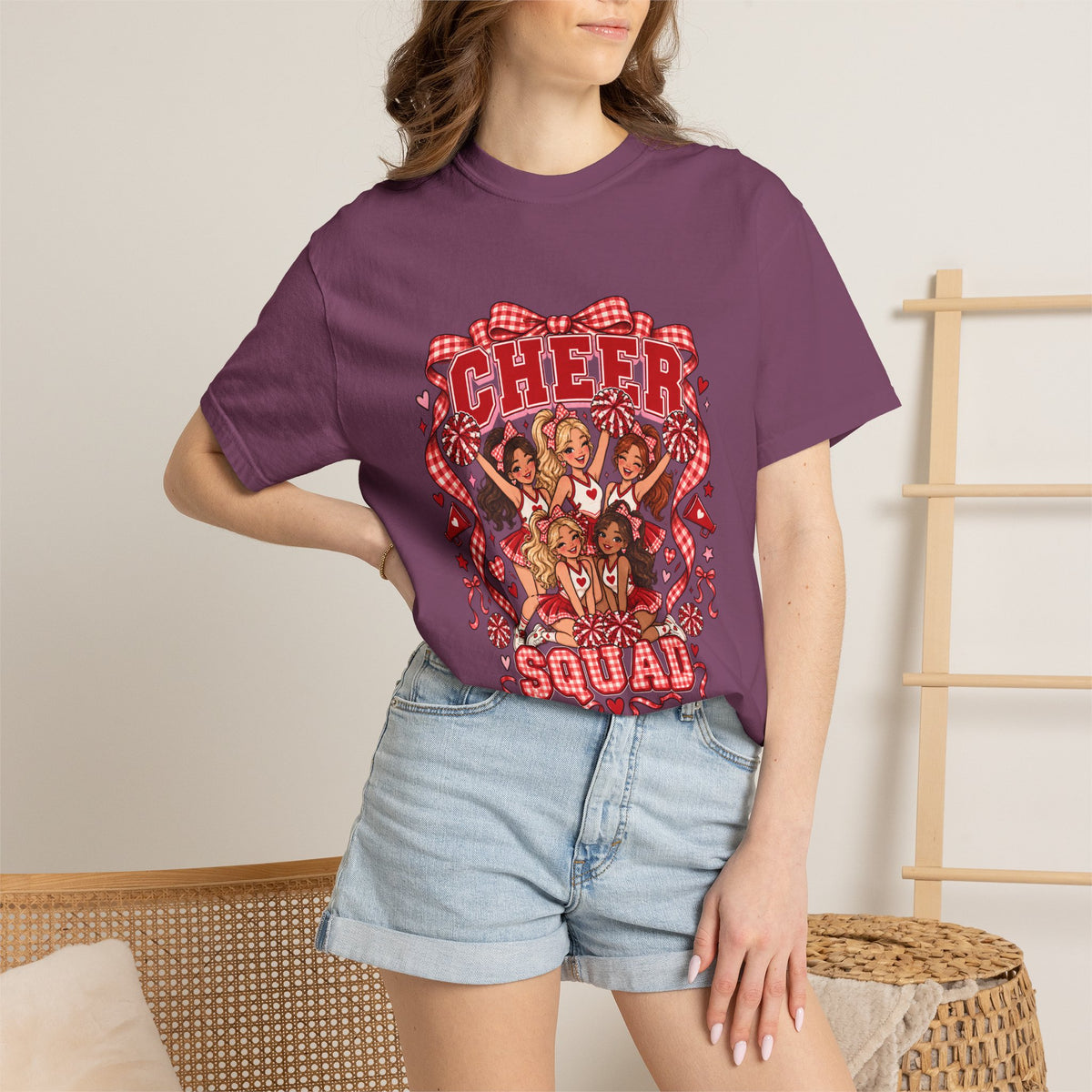 Comfort Colors® Cheer Squad T-Shirt, Red Gingham Bow Cheerleader Gift, Cute Cheer Team Spirit Graphic Tee, Cheerleading Girls Coach Gift