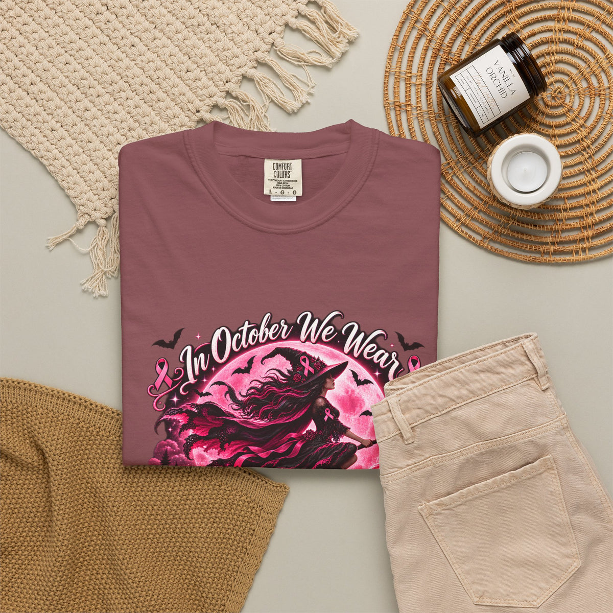 Comfort Colors® In October We Wear Pink T-Shirt, Breast Cancer Awareness Witch Gift, Pink Ribbon Halloween, Spooky Survivor Support Shirt