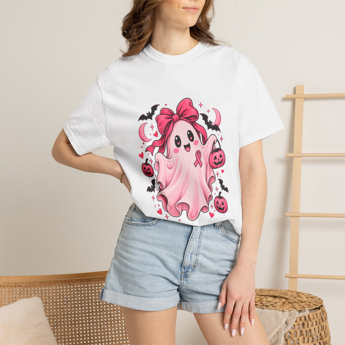 Comfort Colors® Pink Ribbon Ghost T-Shirt, Breast Cancer Awareness Halloween Gift, Cute Spooky Survivor Support Shirt, Pink October Shirt