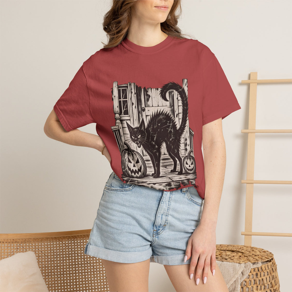 Comfort Colors® Vintage Black Cat Halloween T-Shirt, Spooky Cat Lover Gift, Retro Jack O Lantern Graphic Tee, Gothic Halloween Kitty Gift
