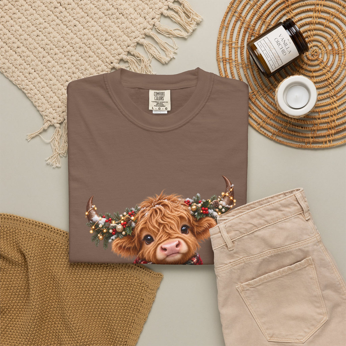 Comfort Colors® Cute Highland Cow Christmas T-Shirt, Festive Cow Lover Gift, Winter Farm Lover Gift, Christmas Farm Animal Gift