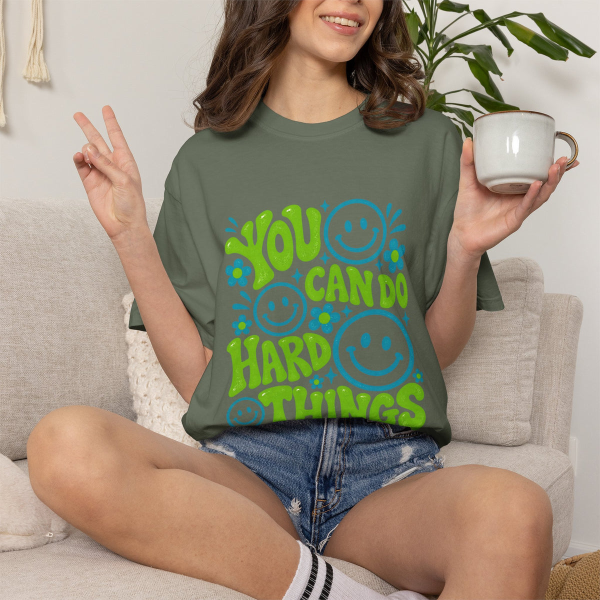 Comfort Colors® You Can Do Hard Things T-Shirt, Motivational Mental Health Gift, Positive Affirmation Lover Gift, Retro Smiley Face Graphic