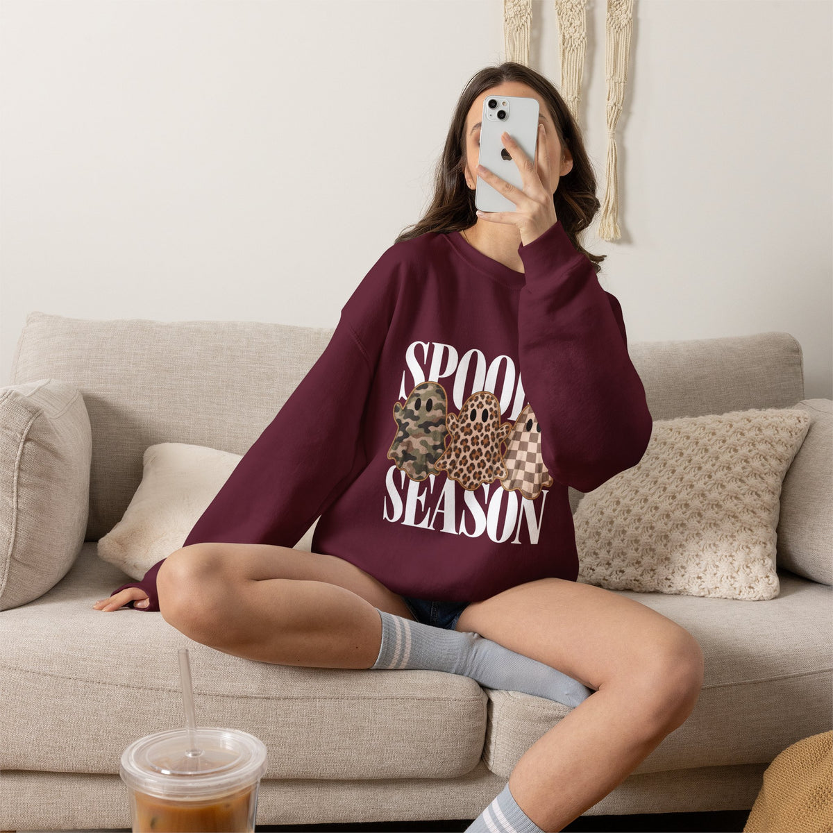 Sweat-shirt « Spooky Season », cadeau d'Halloween fantôme léopard camouflage, sweat-shirt à motif fantôme à carreaux neutres, cadeau pour amateur d'automne effrayant