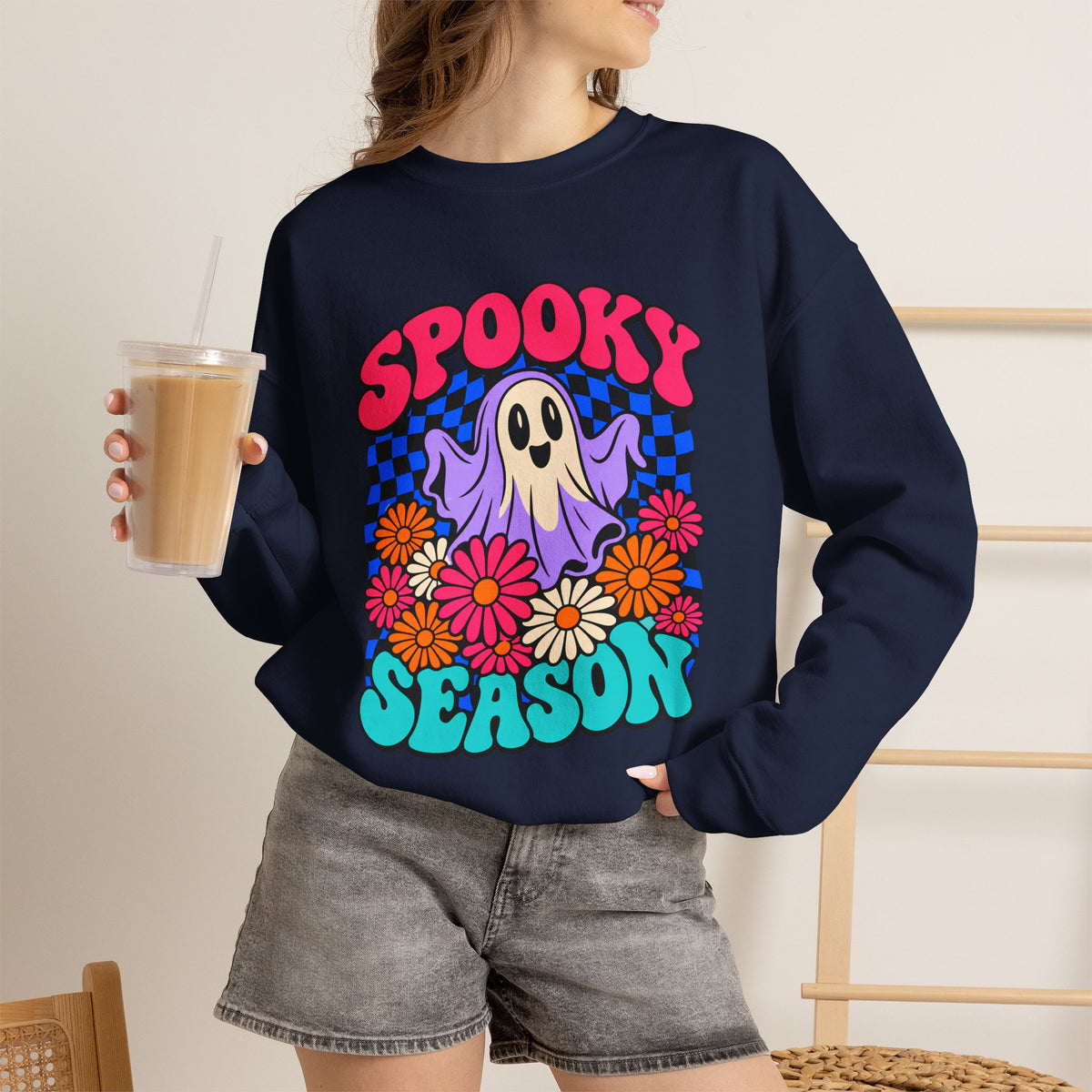 Spooky Season ghost floral Sweatshirt, Cute Ghost Halloween Gift, Colorful Floral Ghost Graphic Tee, Spooky Season Lover Gift