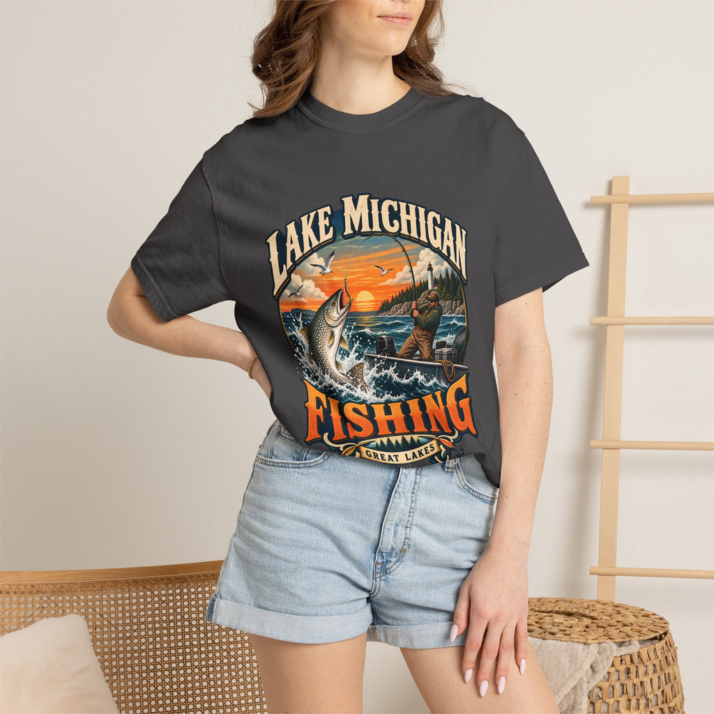 Comfort Colors® Lake Michigan Fishing T-Shirt, Great Lakes Angler Gift, Trout Fisherman Sunset Graphic Tee, Michigan Fishing Lover Shirt