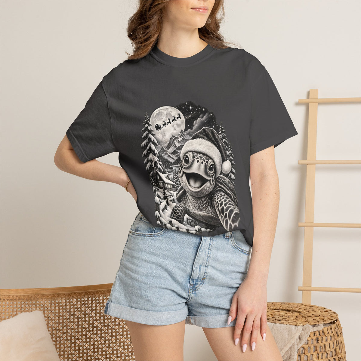 Comfort Colors® Christmas Turtle T-Shirt, Cute Sea Turtle Lover Gift, Funny Santa Hat Turtle Christmas Gift, Winter Ocean Animal Graphic Tee