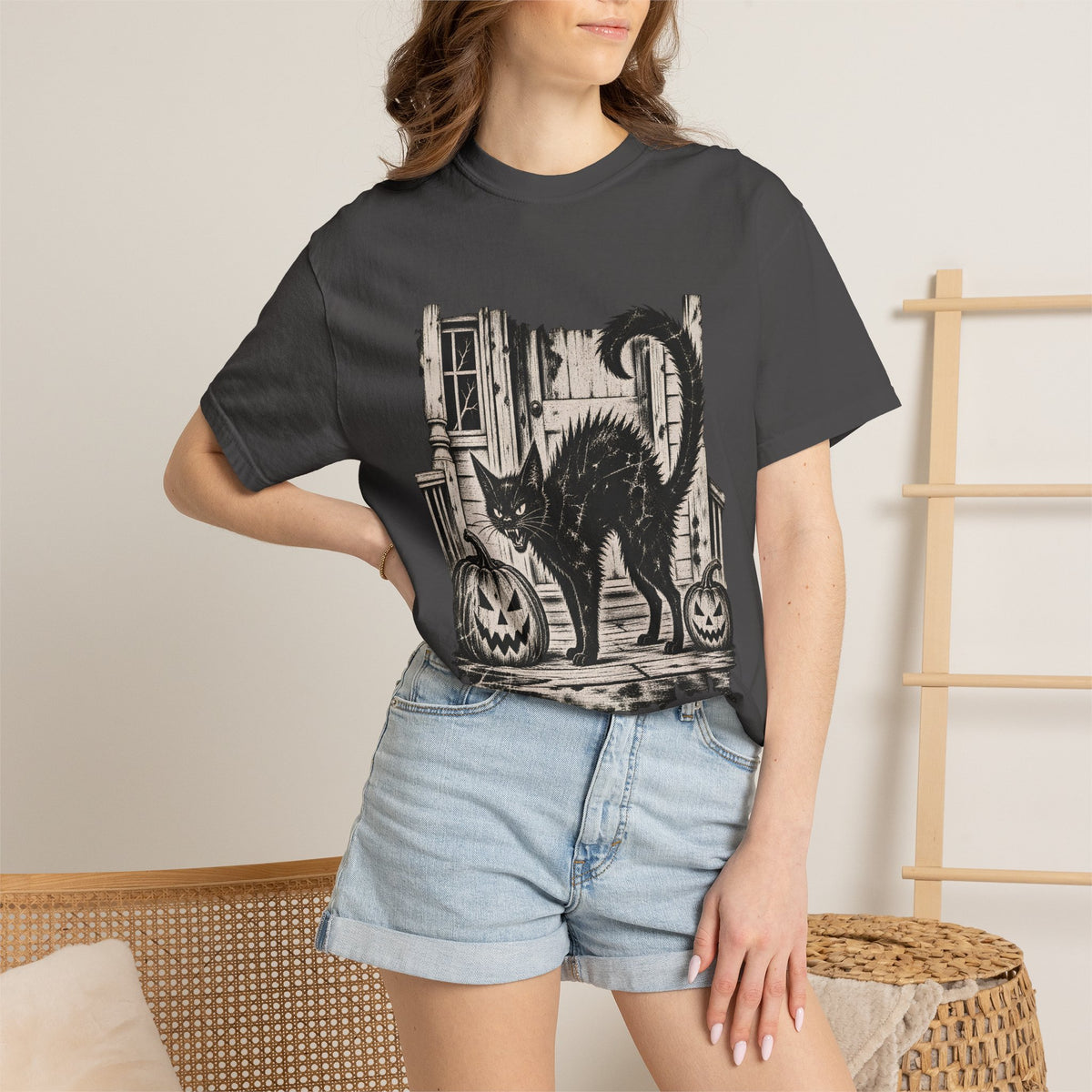 Comfort Colors® Vintage Black Cat Halloween T-Shirt, Spooky Cat Lover Gift, Retro Jack O Lantern Graphic Tee, Gothic Halloween Kitty Gift