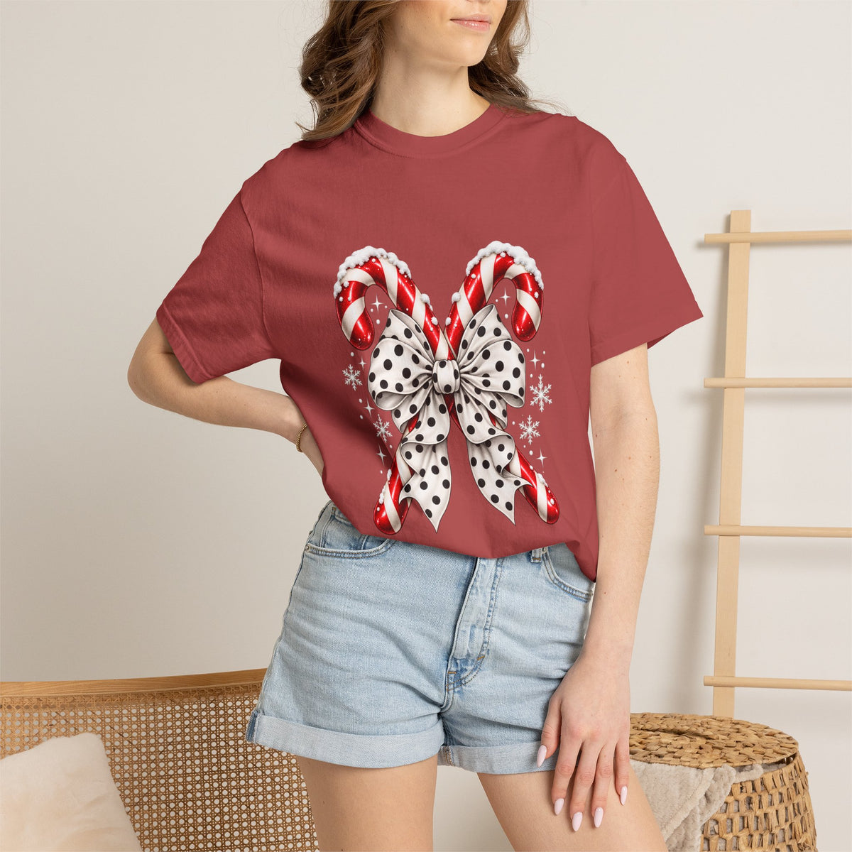 Comfort Colors® Candy Cane Bow T-Shirt, Coquette Christmas Lover Gift, Candy Cane Coquette Shirt, Cute Festive Candy Cane Gift for Her