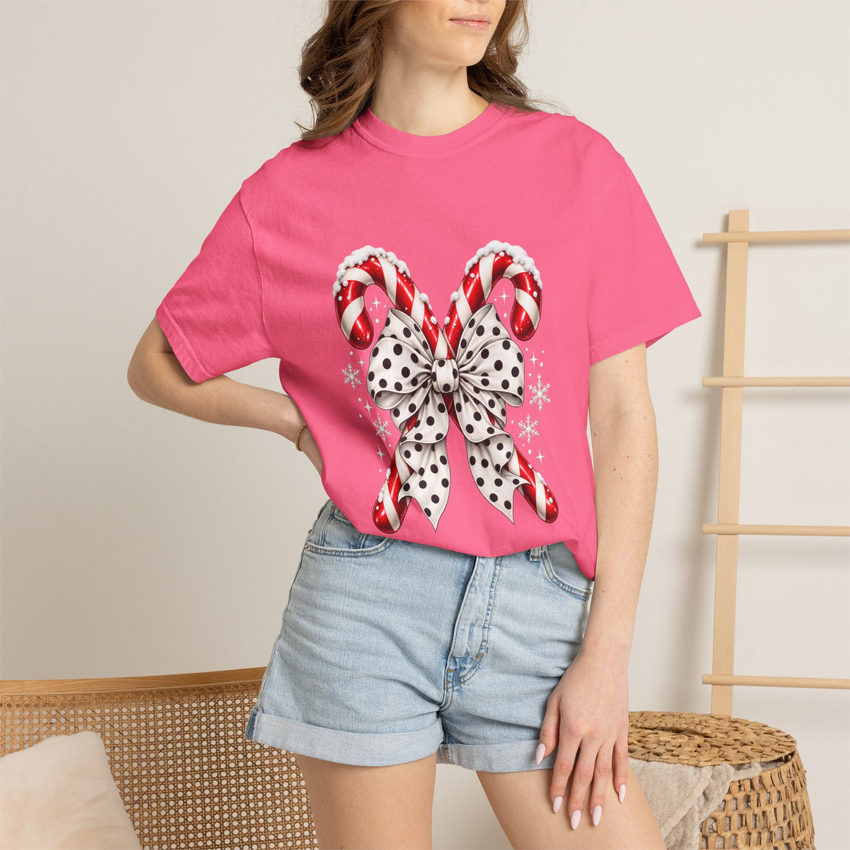 Comfort Colors® Candy Cane Bow T-Shirt, Coquette Christmas Lover Gift, Candy Cane Coquette Shirt, Cute Festive Candy Cane Gift for Her