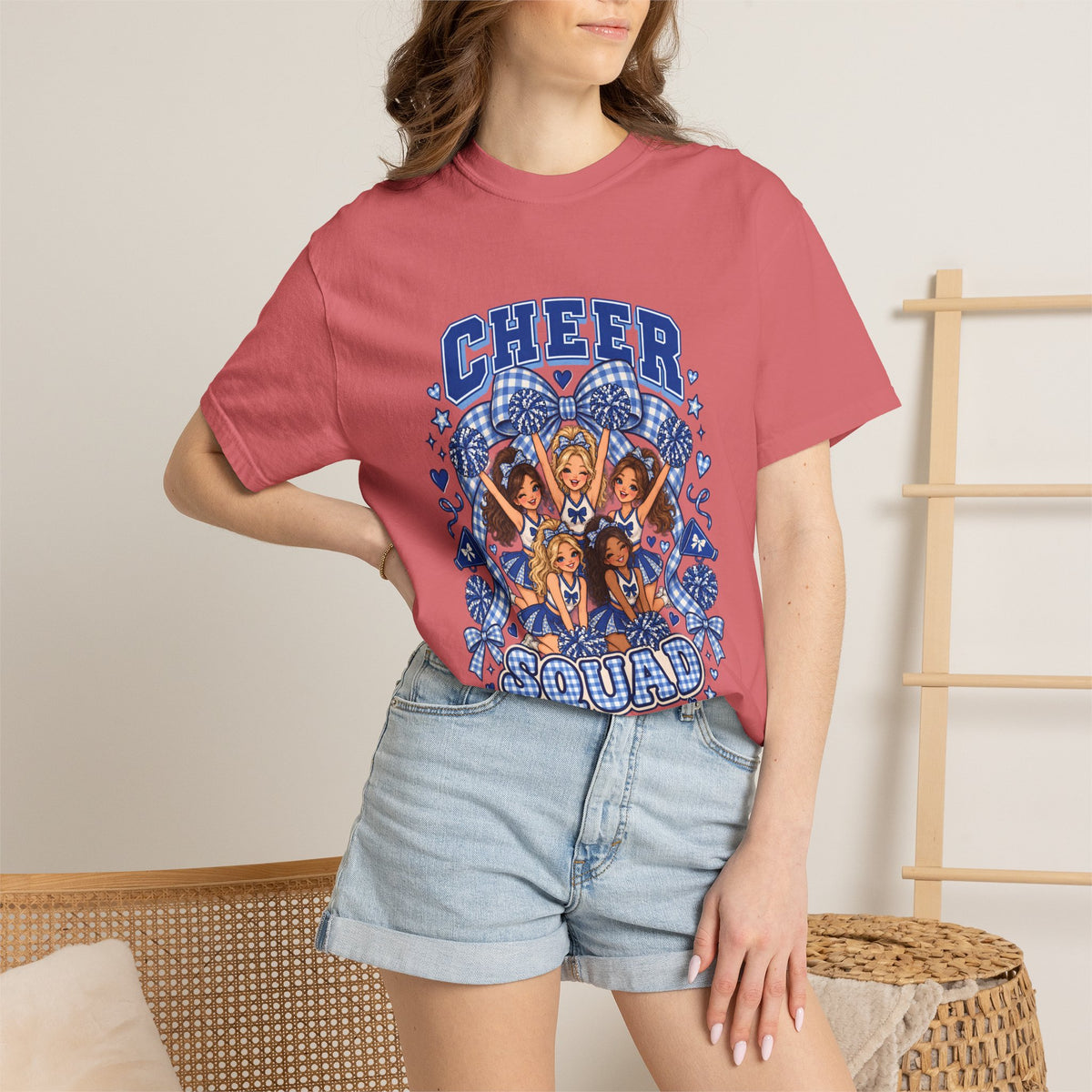 Comfort Colors® Cheer Squad T-Shirt, Blue Gingham Cheerleader Gift, Cheer Team Spirit Graphic Tee, Cute Cheerleading Girls Coach Gift