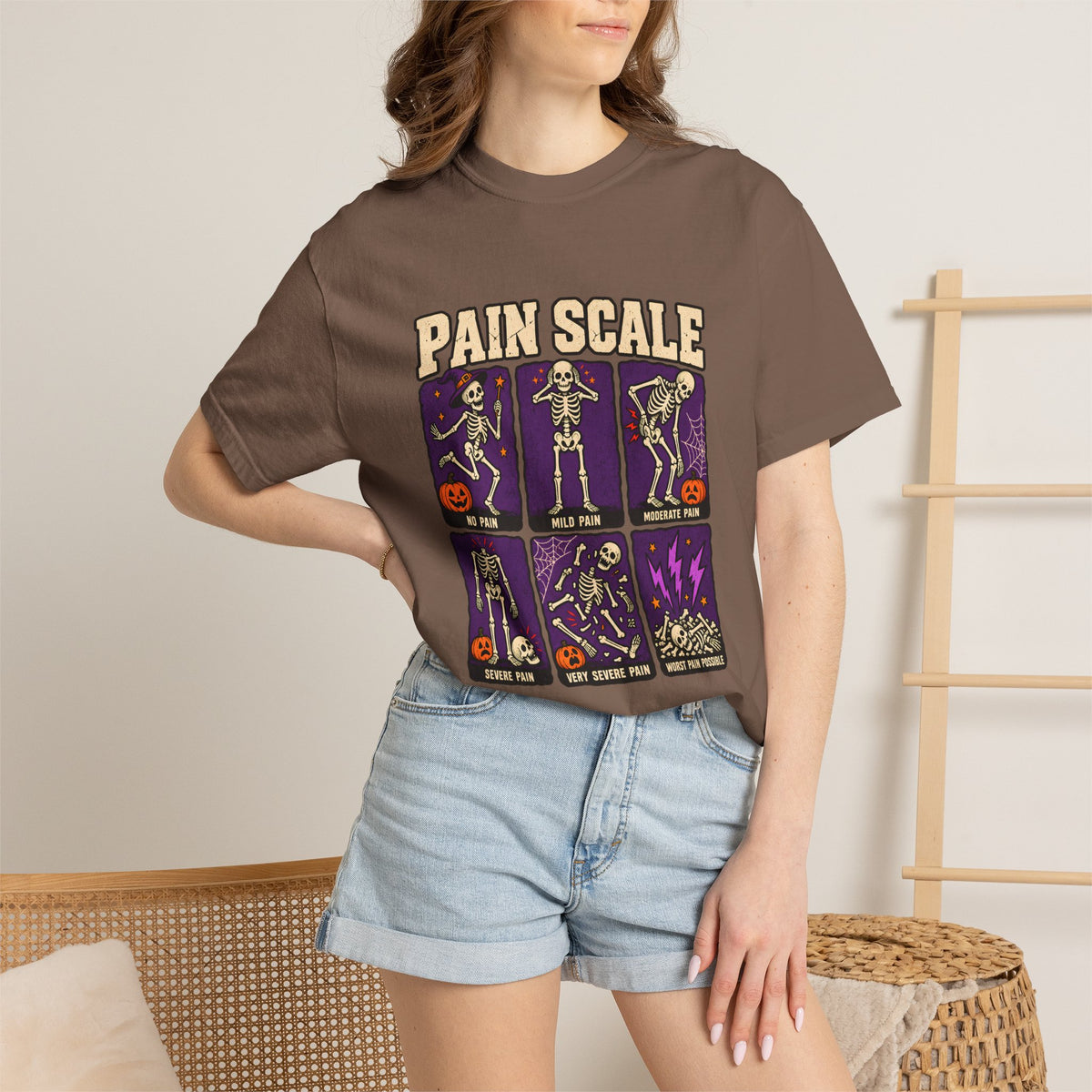 Comfort Colors® Pain Scale Skeleton T-Shirt, Funny Halloween Skeleton Gift, Spooky Medical Humor Gift, Nurse Doctor Halloween Graphic Tee