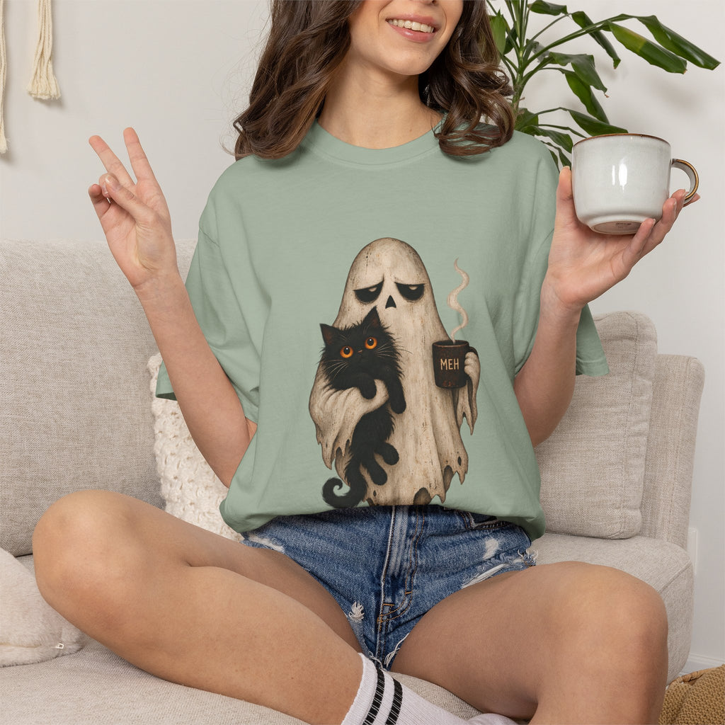 Comfort Colors® Meh Ghost Cat Coffee T-Shirt, Funny Halloween Cat Lover Gift, Sarcastic Spooky Coffee Gift, Grumpy Ghost Graphic Tee