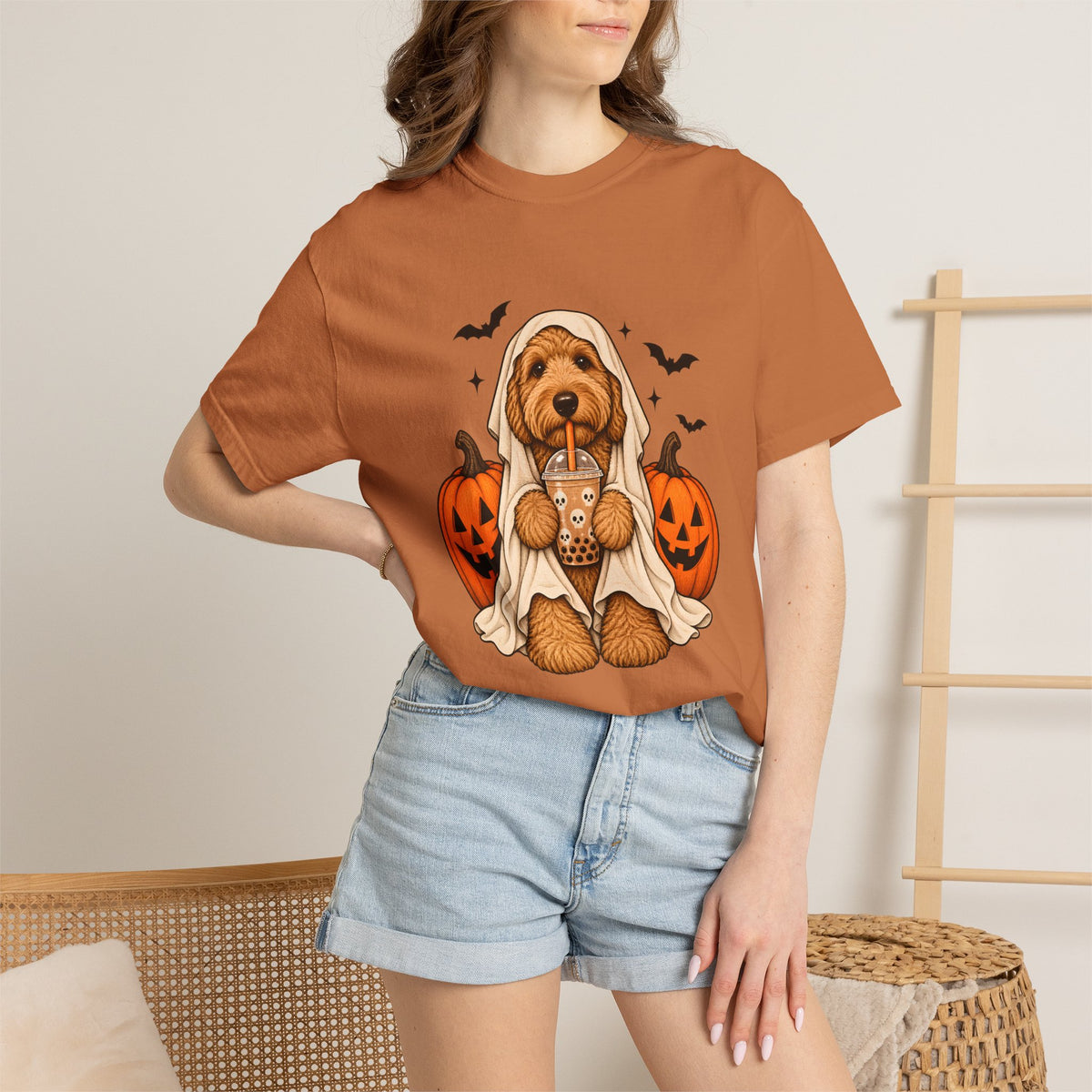 Comfort Colors® Halloween Ghost Dog Boba T-Shirt, Cute Doodle Dog Lover Gift, Spooky Pumpkin Bubble Tea Gift, Fall Pet Graphic Tee