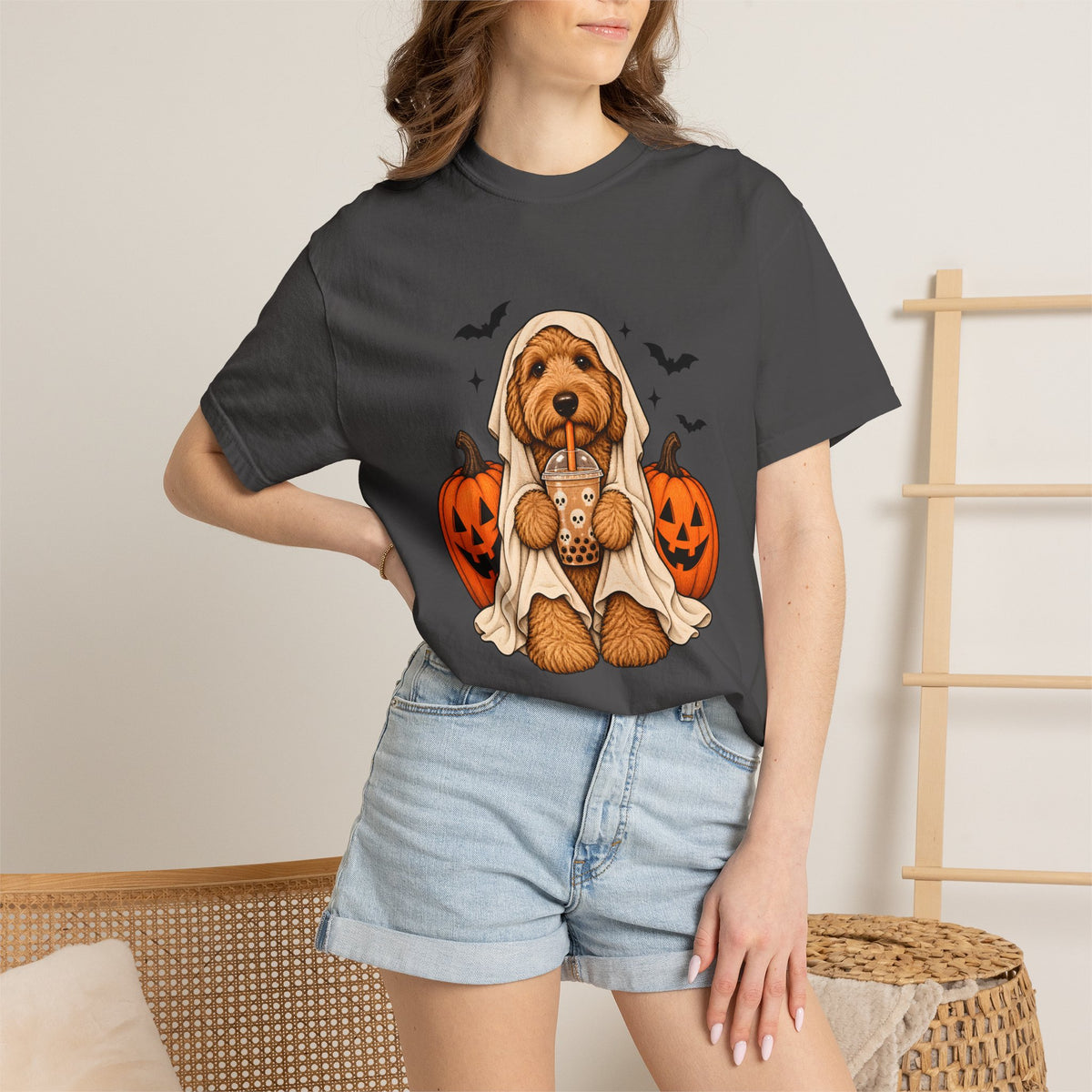 Comfort Colors® Halloween Ghost Dog Boba T-Shirt, Cute Doodle Dog Lover Gift, Spooky Pumpkin Bubble Tea Gift, Fall Pet Graphic Tee