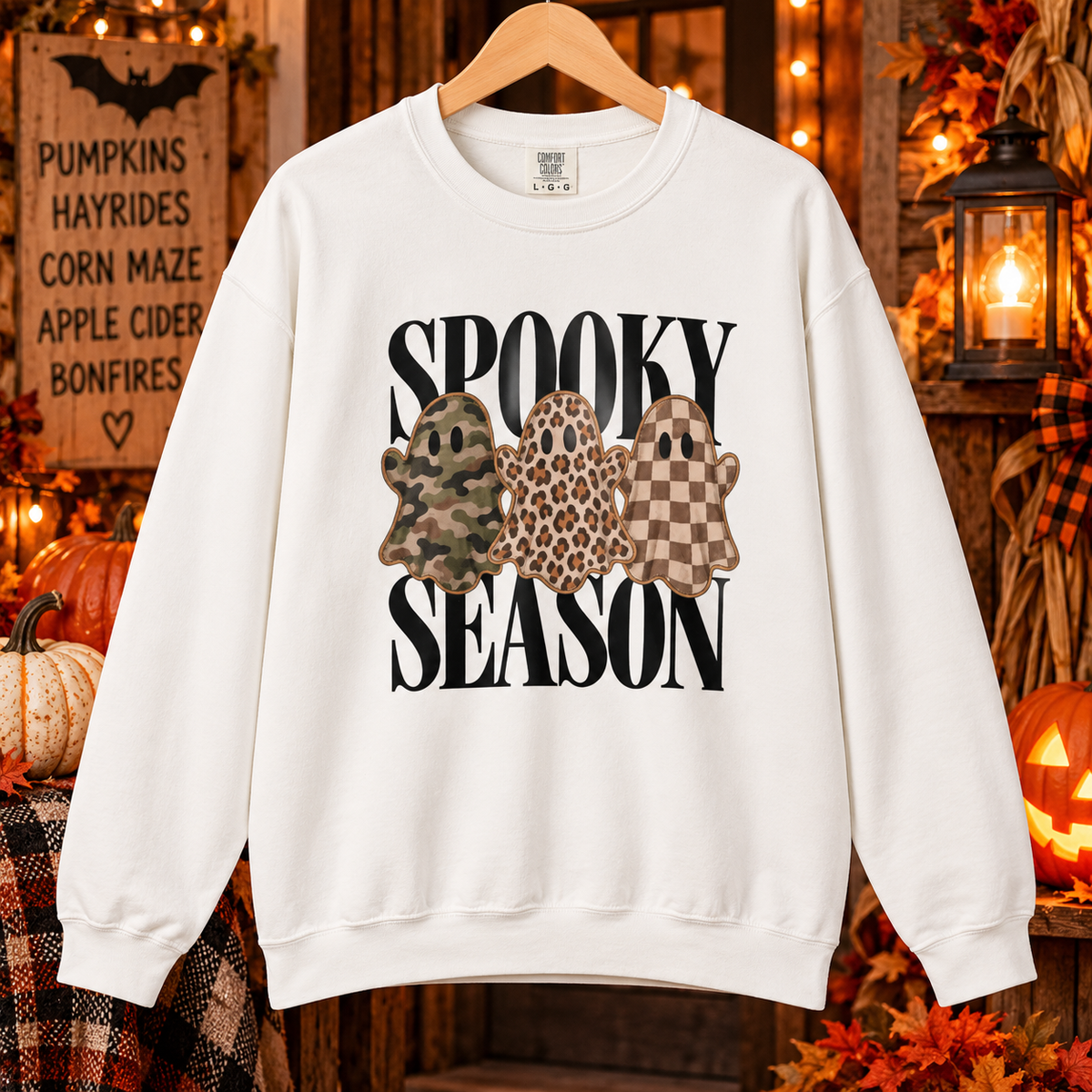 Sweat-shirt « Spooky Season », cadeau d'Halloween fantôme léopard camouflage, sweat-shirt à motif fantôme à carreaux neutres, cadeau pour amateur d'automne effrayant
