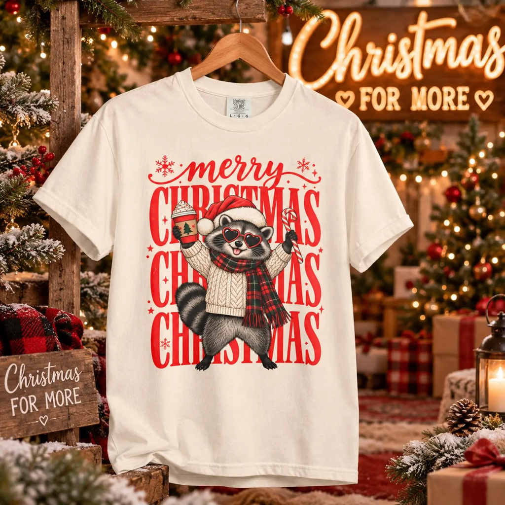 Comfort Colors® Merry Christmas Raccoon T-Shirt, Cute Santa Raccoon Lover Gift, Holiday Coffee Animal Gift, Festive Candy Cane Graphic Tee