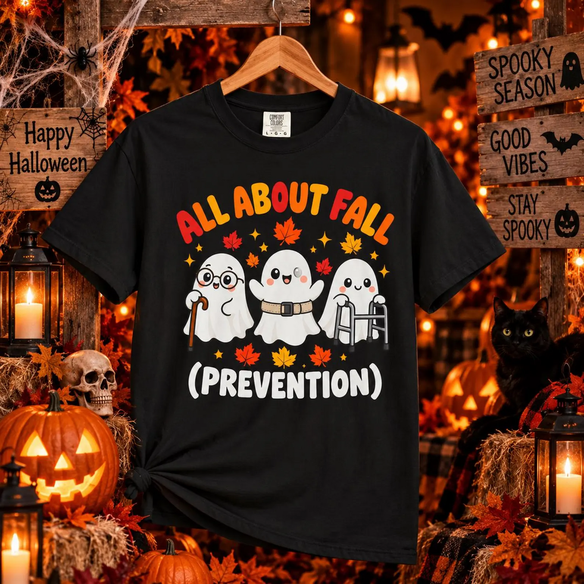 Comfort Colors® All About Fall Prevention T-Shirt, Funny Physical Therapist Gift, Occupational Therapy Humor Gift, Cute Autumn Ghost