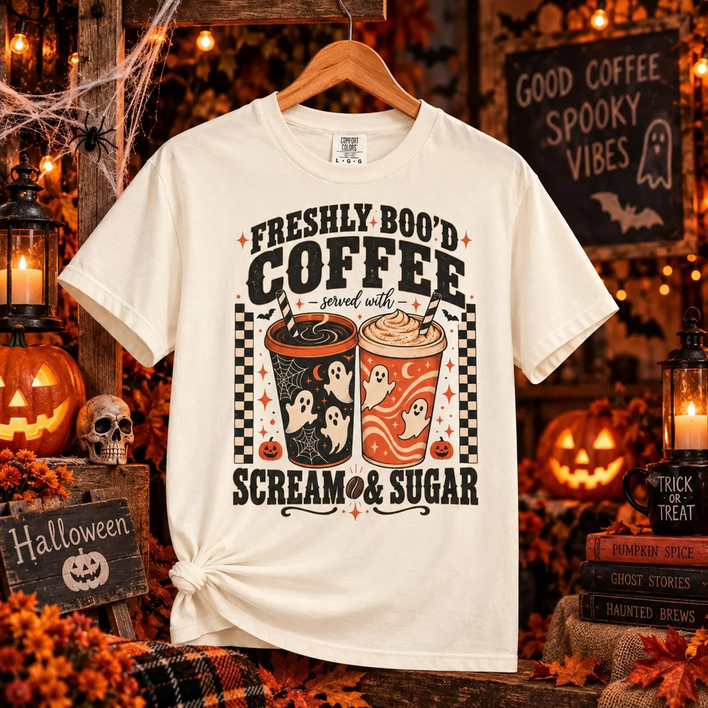 Camiseta Comfort Colors® de café recién "hechizado" servido con gritos y azúcar, regalo para amantes del café en Halloween, regalo espeluznante para baristas
