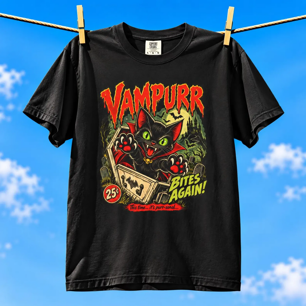 T-shirt Comfort Colors® « Vampurr Bites Again », cadeau amusant pour les amoureux de chats vampires, cadeau rétro d'Halloween avec chat noir, t-shirt graphique d'horreur effrayant