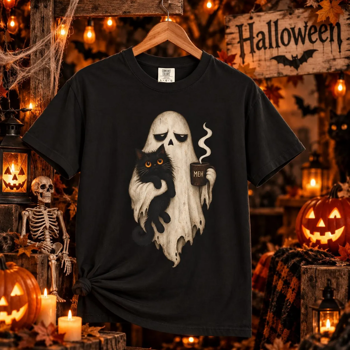 Comfort Colors® Meh Ghost Cat Coffee T-Shirt, Funny Halloween Cat Lover Gift, Sarcastic Spooky Coffee Gift, Grumpy Ghost Graphic Tee