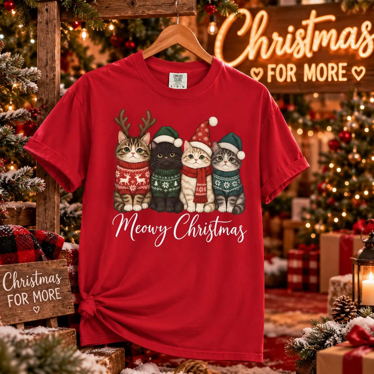 Comfort Colors® Meowy Christmas T-Shirt, Cute Christmas Cat Lover Gift, Festive Kitty Mom Gift, Funny Holiday Cats Graphic Tee