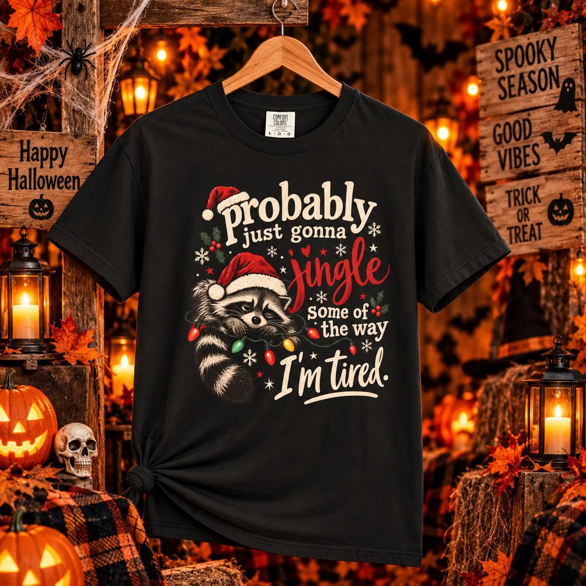 Comfort Colors® Probably Just Gonna Jingle Some of the Way I'm Tired T-Shirt, Funny Christmas Raccoon Gift, Tired Holiday Humor Graphic Tee