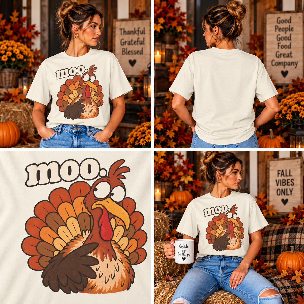 Comfort Colors® Moo Turkey T-Shirt, Funny Thanksgiving Turkey Gift, Cute Cartoon Turkey Lover Gift, Thanksgiving Dinner Graphic Tee