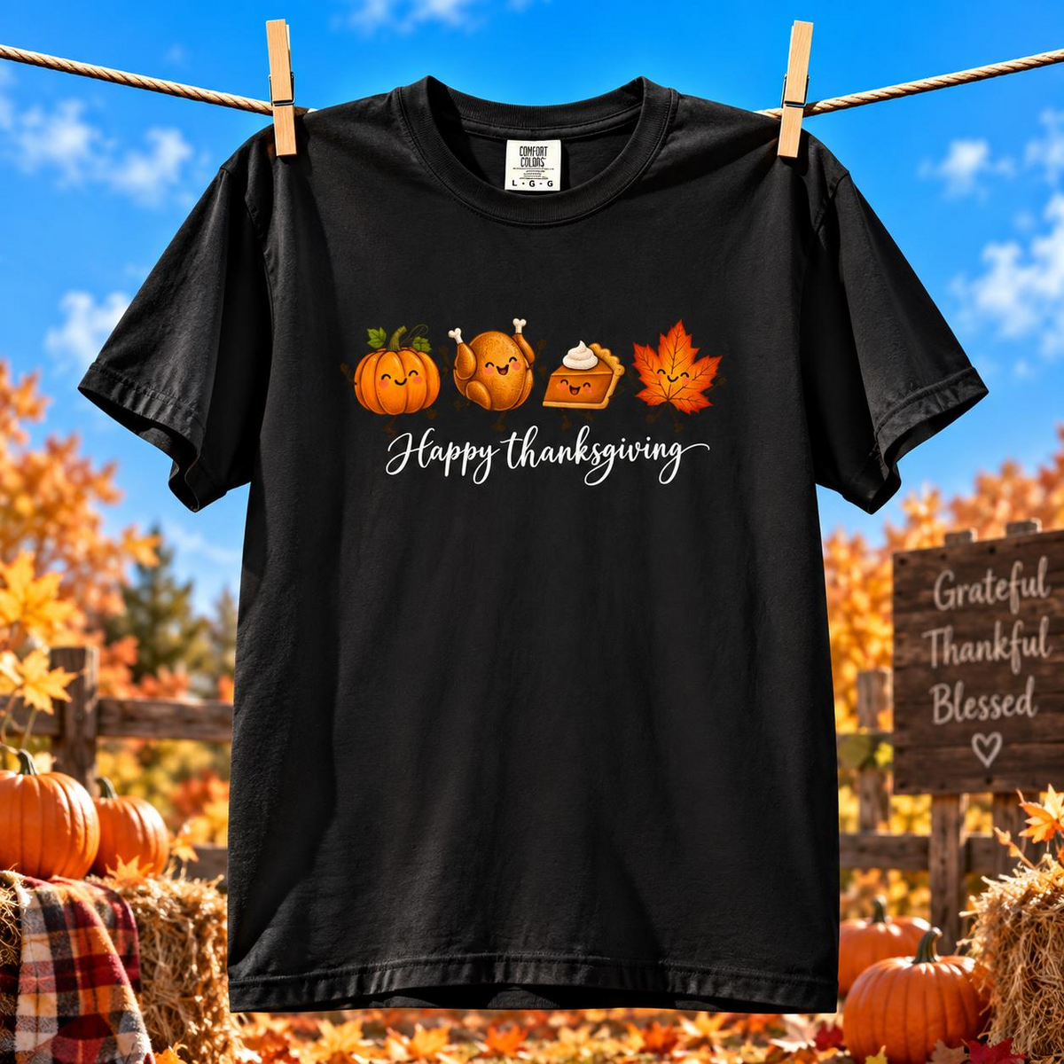 Comfort Colors® Happy Thanksgiving T-Shirt, Cute Turkey Pumpkin Lover Gift, Kawaii Fall Food Gift, Autumn Family Dinner Graphic Tee