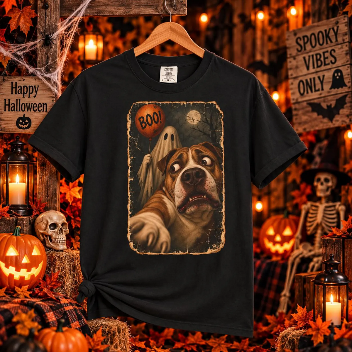 Comfort Colors® Boo Ghost Dog T-Shirt, Funny Halloween Bulldog Lover Gift, Scared Dog Spooky Season Gift, Vintage Pet Selfie Graphic Tee