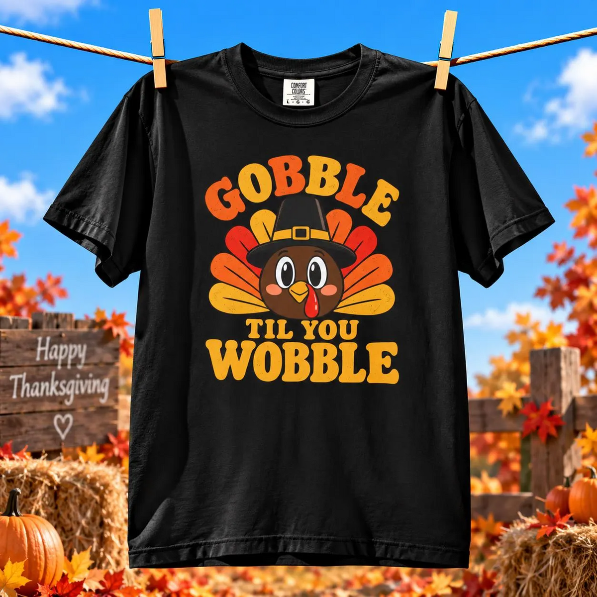 Comfort Colors® Gobble Til You Wobble T-Shirt, Funny Thanksgiving Turkey Gift, Retro Family Dinner Humor Gift, Cute Fall Turkey Graphic Tee