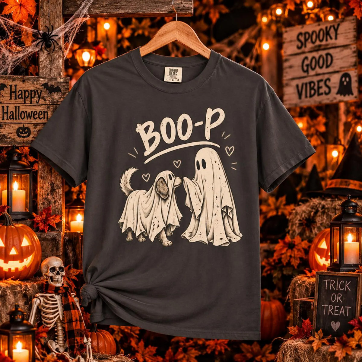 Comfort Colors® Boo-P Dog T-Shirt, Funny Ghost Dog Halloween Gift, Cute Dog Lover Spooky Season Gift, Matching Ghost Costume Graphic Tee