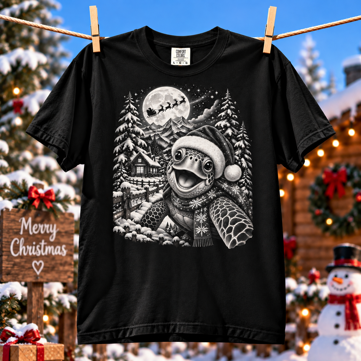 Comfort Colors® Christmas Turtle T-Shirt, Cute Sea Turtle Lover Gift, Funny Santa Hat Turtle Christmas Gift, Winter Ocean Animal Graphic Tee
