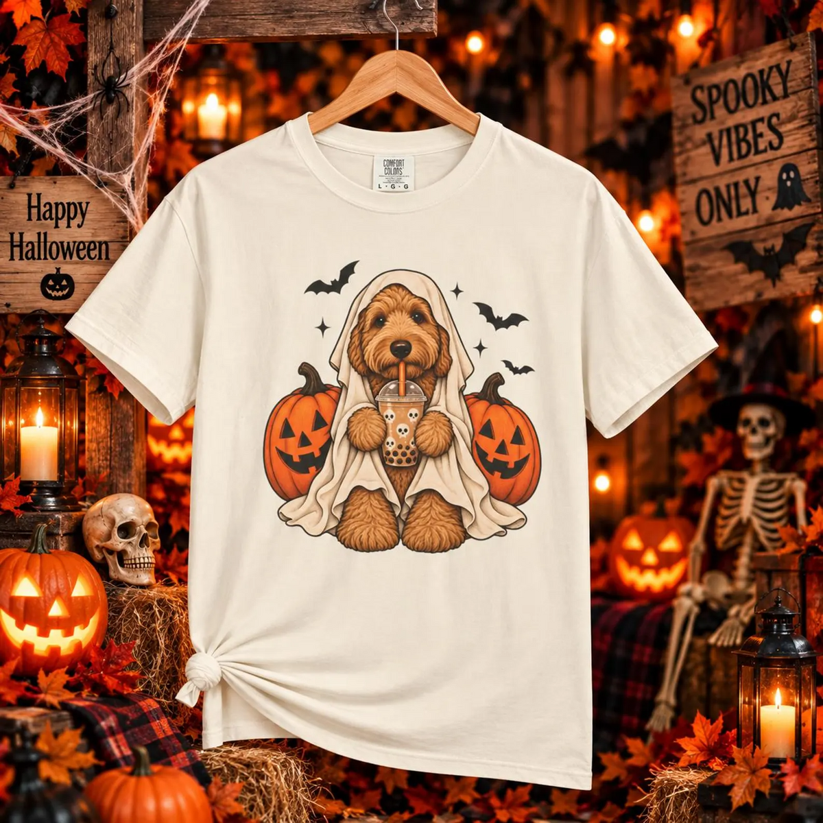 Comfort Colors® Halloween Ghost Dog Boba T-Shirt, Cute Doodle Dog Lover Gift, Spooky Pumpkin Bubble Tea Gift, Fall Pet Graphic Tee