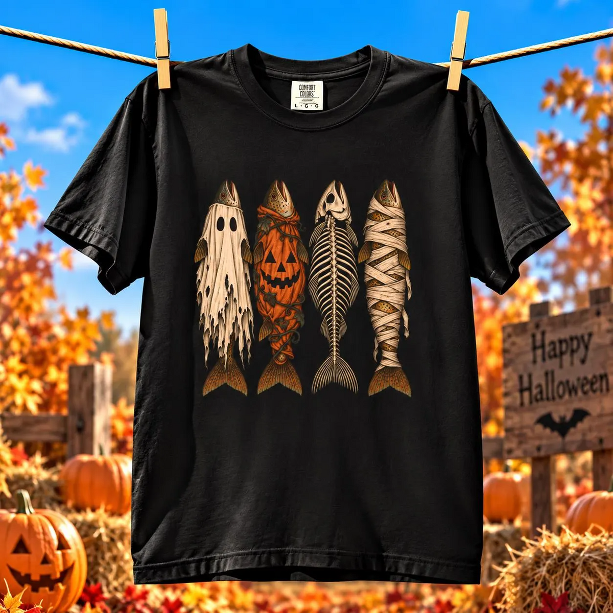 Comfort Colors® Halloween Fish T-Shirt, Spooky Fisherman Gift, Ghost Pumpkin Skeleton Fish Gift, Vintage Fishing Lover Graphic Tee